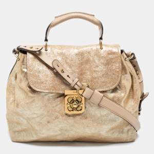 Pre Owned Chloe Gold Crinkled Glossy Leather Elsie Top Handle Bag
