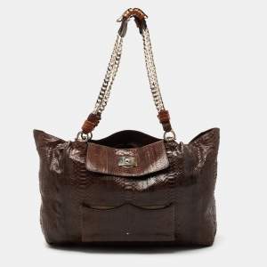Pre Owned Chloe Brown Python Leather Chain Handle Tote