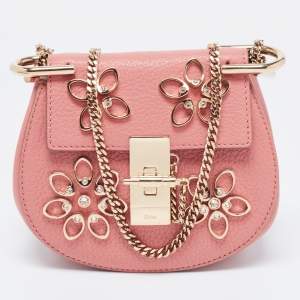 Pre Owned Chloe Pink Leather Nano Flowers Crystal Embellished Drew Shoulder Bag
