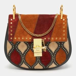 Pre Owned Chloe Multicolor Suede Patchwork Studded Medium Drew Shoulder Bag