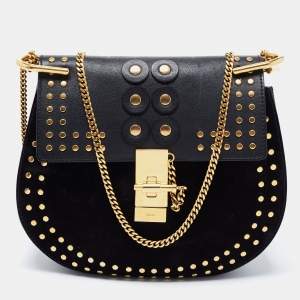 Pre Owned Chloe Black Studded Suede and Leather Small Drew Shoulder Bag
