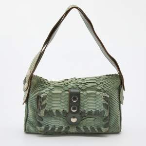 Pre Owned Chloe Green Python Leather Metal Studded Baguette