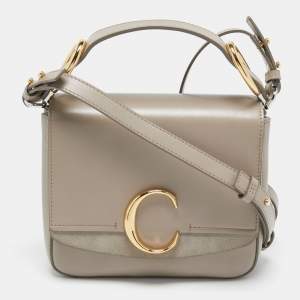 Pre Owned Chloe Grey Leather Small C Double Carry Top Handle Bag