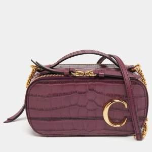 Pre Owned Chloe Purple Croc Embossed Leather Mini C Vanity Shoulder Bag