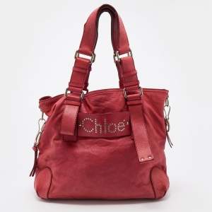 Pre Owned Chloe Red Leather Studded Logo Patsy Tote