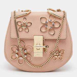 Chloe Pink Leather Floral Metal Embellished Mini Drew Crossbody Bag