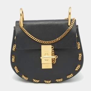 Chloe Black Leather Drew Chain Link Flap Shoulder Bag