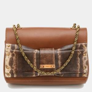 Pre Owned Chloe Brown Leather and Karung Leather June Bow Chain Shoulder Bag