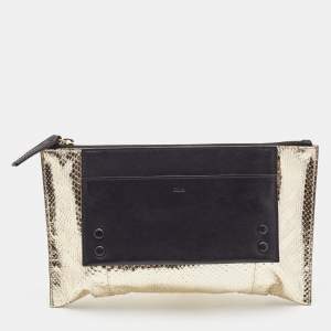 Chloe Metallic Gold/Black Snakeskin and Leather Clutch