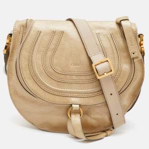Chloe Metallic Beige Leather Medium Marcie Crossbody Bag