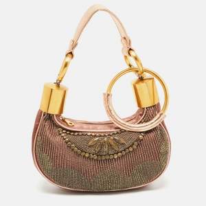 Chloe Old Rose/Metallic Fabric and Leather Embellished Crescent Hobo