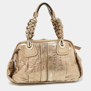 Pre Owned Chloe Metallic Gold Textured Leather Heloise Satchel