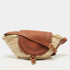 Chloe Brown/Beige Braided Raffia and Leather Small Marcie Basket Bag