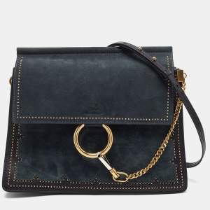 Pre Owned Chloe Black/Teal Leather and Suede Medium Studded Faye Shoulder Bag