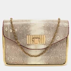 Pre Owned Chloe Beige/Black Lizard and Leather Small Sally Shoulder Bag