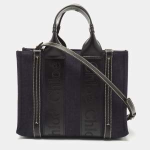 Chloe Navy Blue/Black Canvas and Leather Small Woody Tote