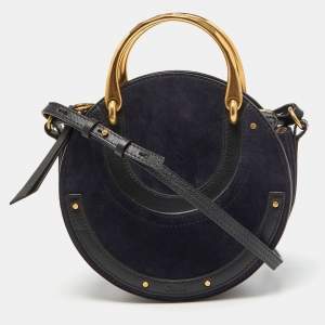Chloe Blue/Black Leather and Suede Small Pixie Round Crossbody Bag