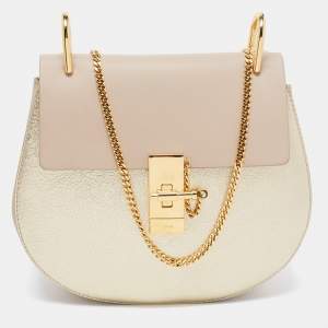 Chloe Beige/Gold Leather Medium Drew Shoulder Bag