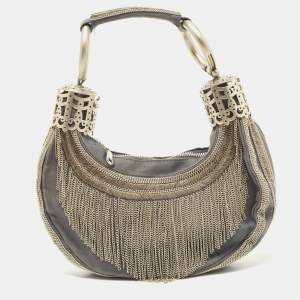 Chloe Light Blue Denim Chain Embellished Crescent Hobo
