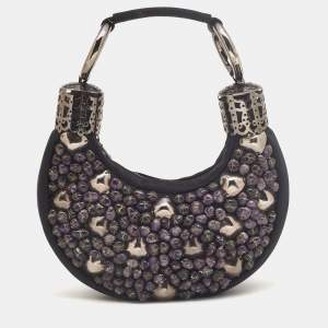 Chloe Black/Purple Satin Stone Beads Embellished Crescent Hobo