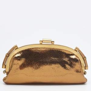 Chloe Gold Crinkled Laminated Leather Frame Clutch 