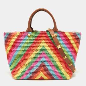 Pre Owned Valentino Multicolor Raffia and Leather Rockstud Summer Tote