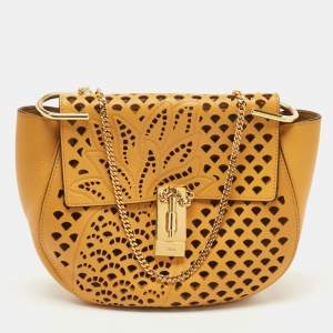 Chloe Mustard Pineapple Perforated Leather Medium Drew Shoulder Bag