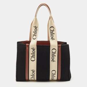 Chloe Black/Beige Wool and Leather Medium Woody Tote