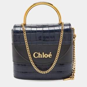 Chloe Navy Blue/Black Croc Embossed and Leather Small Aby Lock Bag
