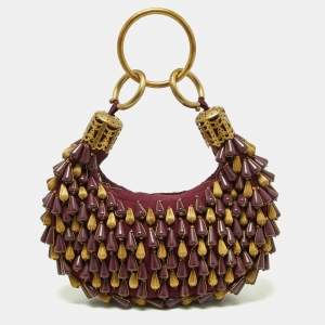Chloé  Burgundy Beaded Canvas Ring Handle Hobo