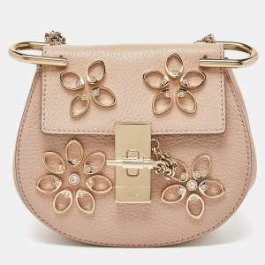 Pre Owned Chloe Pink Leather Nano Floral Metal Embellished Drew Crossbody Bag