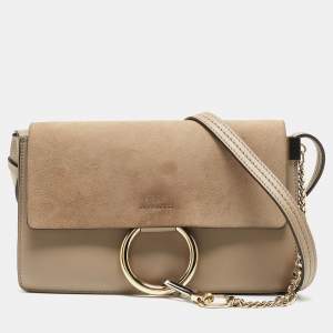 Pre Owned Chloe Taupe Leather and Suede Small Faye Shoulder Bag