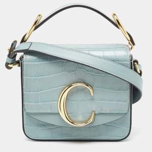 Chloe Light Blue Croc Embossed Leather Mini C Top Handle Bag