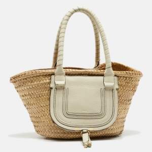 Chloe Beige/Cream Straw and Leather Medium Marcie Basket Bag