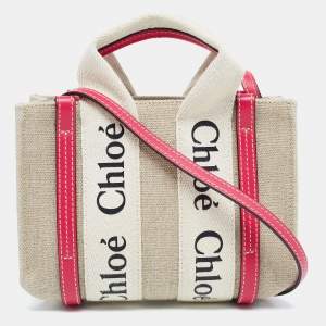 Pre Owned Chloe Pink/Beige Canvas and Leather Mini Woody Tote
