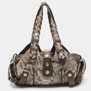Pre Owned Chloe Dark Brown/Grey Python and Leather Silverado Satchel
