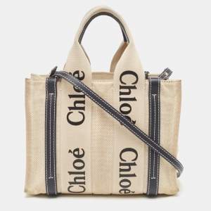 Pre Owned Chloe Beige/Black Canvas and Leather Small Woody Tote