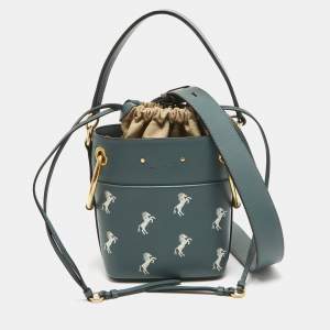 Chloe Blue/Beige Leather Mini Roy Horse Embroidered Bucket Bag
