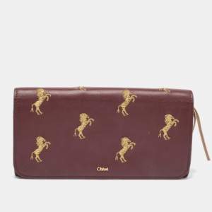 Chloe Burgundy Leather Horse Embroidered Flap Continental Wallet