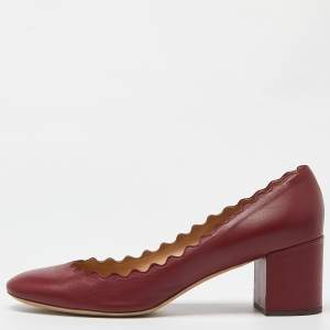  Chloe Burgundy Leather Lauren Scallop Trim Block Heel Pumps Size 38.5