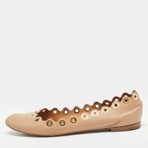 Pre Owned Chloe Beige Scalloped Leather Eyelet Detail Ballet Flats Size 37.5