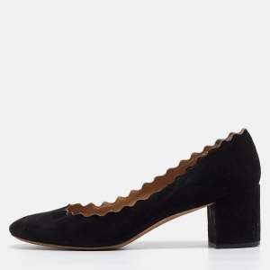 Chloe Black Suede Lauren Scallop Trim Block Heel Pumps Size 37