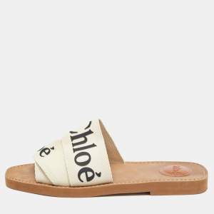 Chloe Cream Logo Canvas Woody Flat Slides Size 38