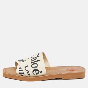 Chloé Off White Logo Canvas Woody Flat Slides Size 39