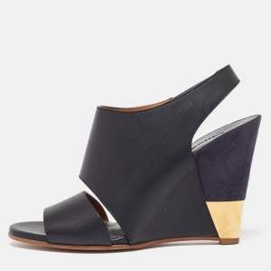 Chloe Black/Blue Suede and Leather Eliza Wedge Slingback Sandals Size 36