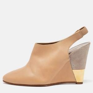 Chloe Beige/Grey Leather and Suede Wedge Slingback Pumps Size 34