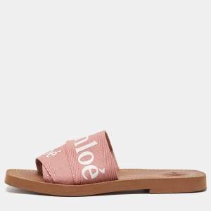 Chloe Pink Canvas Logo Ribbon Woody Flat Slide Sandals Size 38