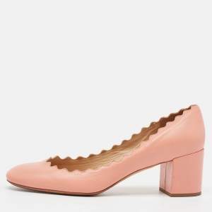 Chloe Pink Leather Laurena Scalloped Block Heel Pumps Size 37