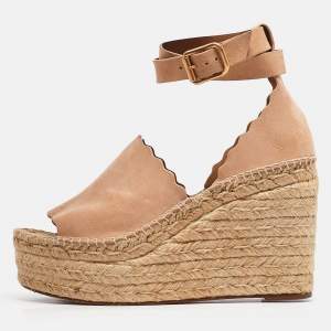 Chloe Beige Suede Lauren Wedge Sandals Size 40