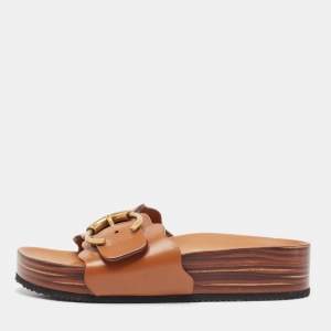 Chloe Brown Leather Buckle Wedge Sandals Size 38